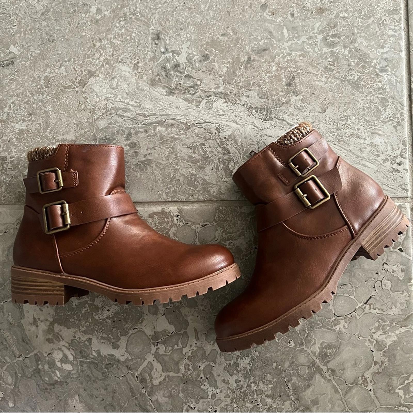 Madden Girl JKayce Brown Sweater Knit Ankle Boots with Buckle Detail, Size 1