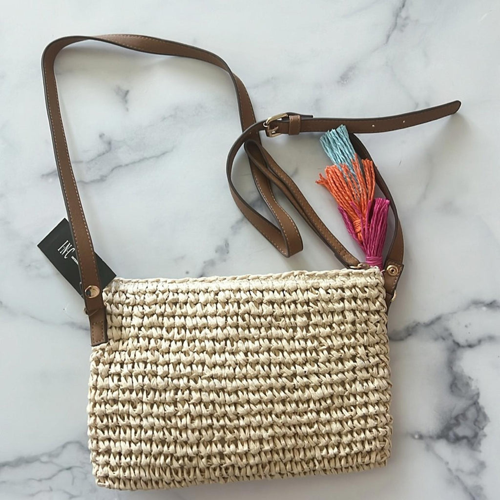 INC Straw Crossbody, Natural Straw One Size, New w/Tag