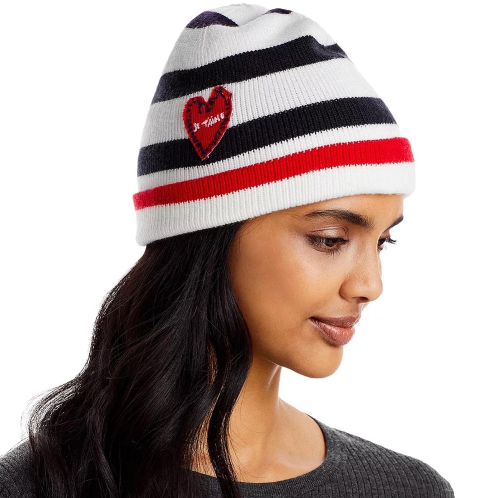 Aqua x Kerri Rosenthal Striped Heart Patch Beanie/Hat One Size New w/Tag