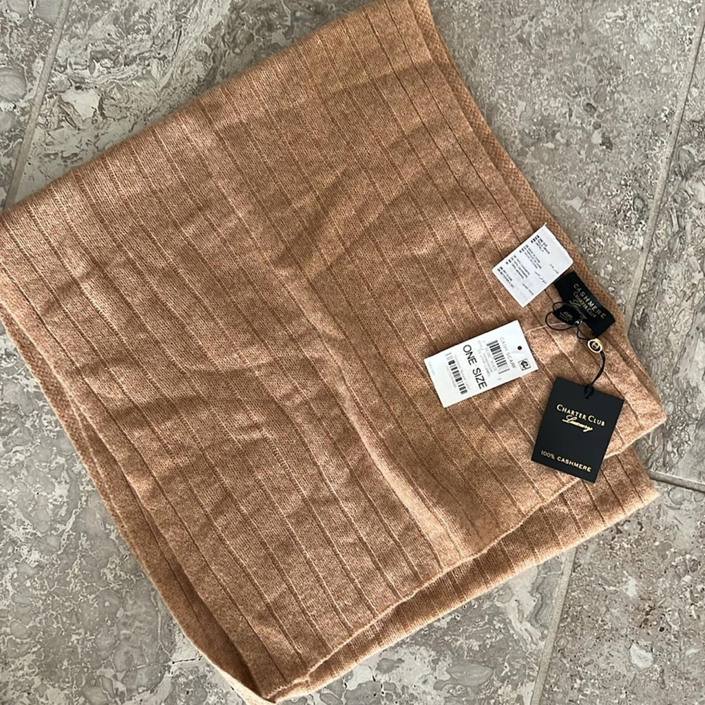 Charter Club Ribbed Cashmere Muffler Scarf in Heather Camel, New w/Tag $108.50