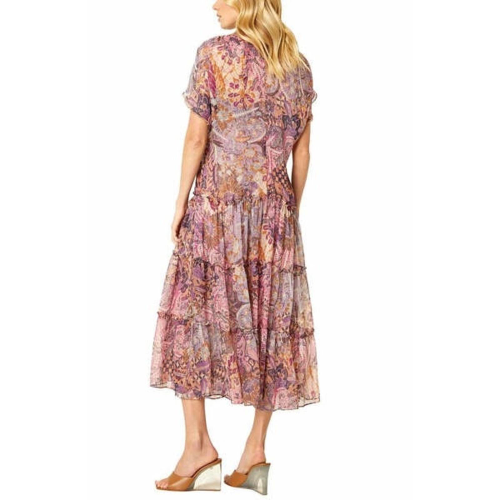 MISA Ilya Split-Neck Tiered Midi Dress, Boho Maxi Size XS New w/Tag $430