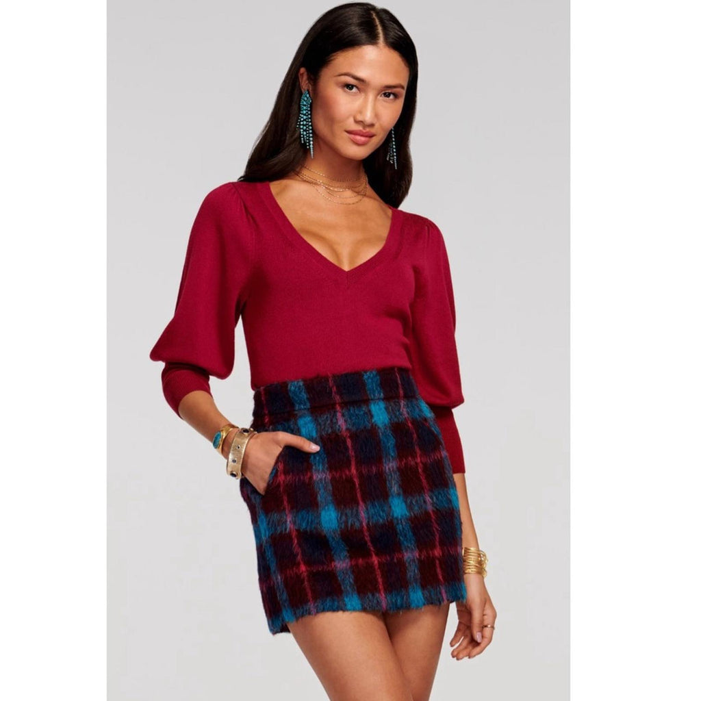 Ramy Brook Cienna Plaid Wool Blend Skirt Sangria/Gemstone Size 10 New w/Tag