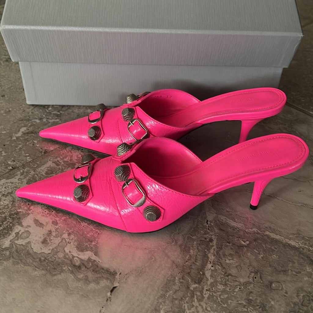 Balenciaga Cagole Pointed Toe Mules Mule in Fluo Pink/Aged Nickel, Size 37 NEW