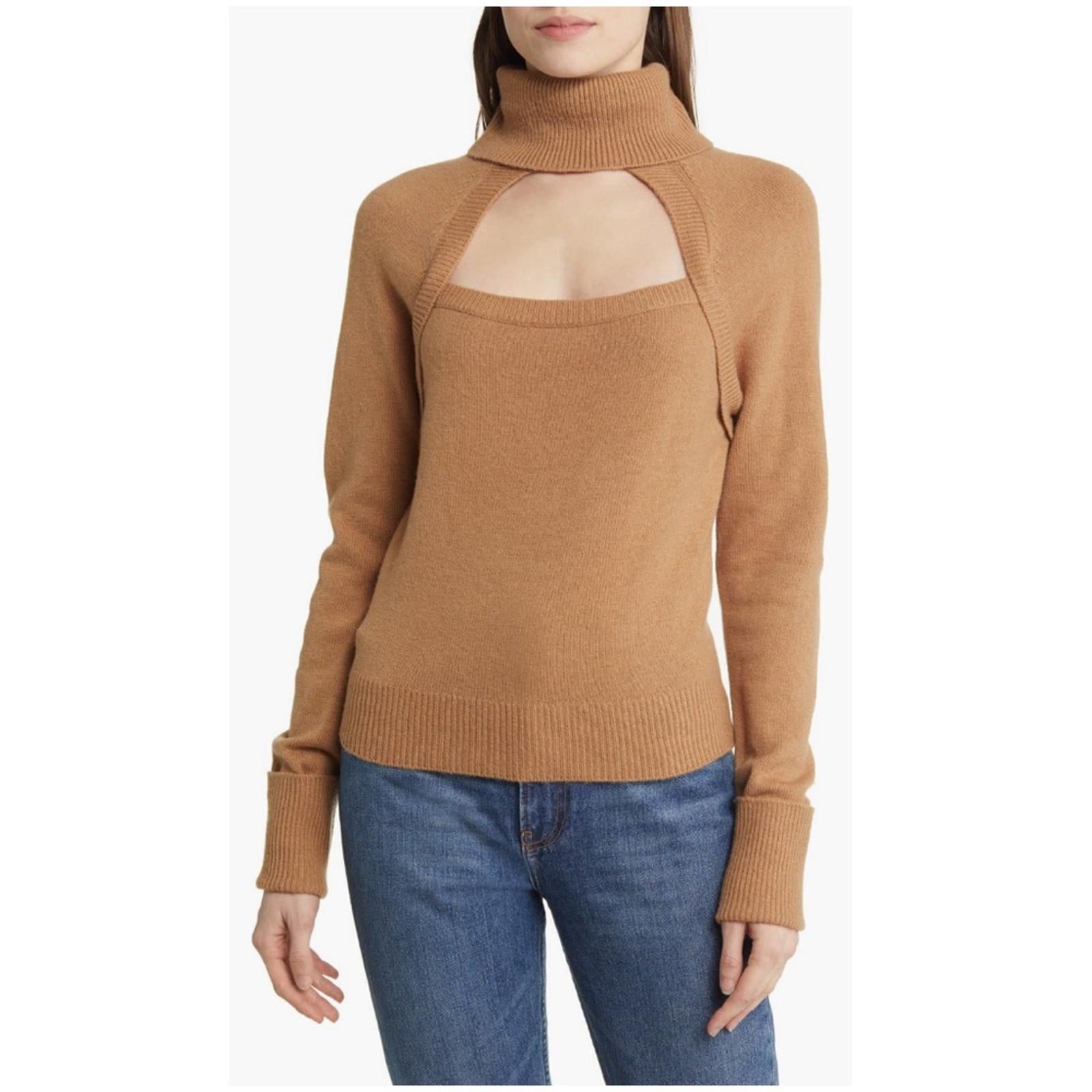 Paige x Revolve Cherise Cut-Out RollNeck Sweater Toffee Bronze Size M NEW w/Tag