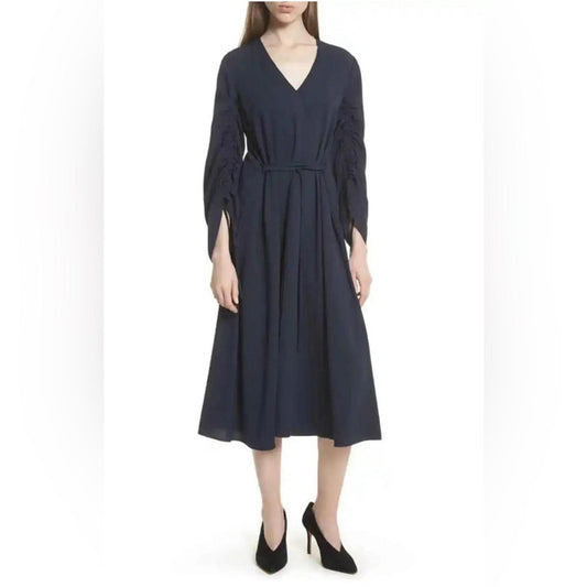 TIBI Ruched Convertible Bell Sleeve Cinched Stretch Crepe Dress Size 10 NWT $595