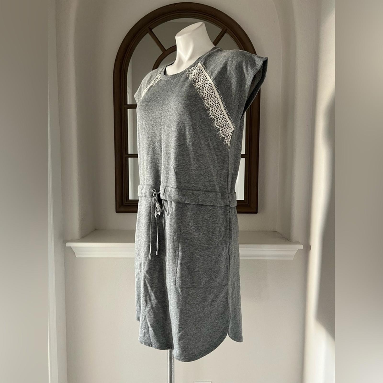 DKNY Lace Drawstring-Waist Crewneck Short Shift Dress Heather Grey, NWT, Size M