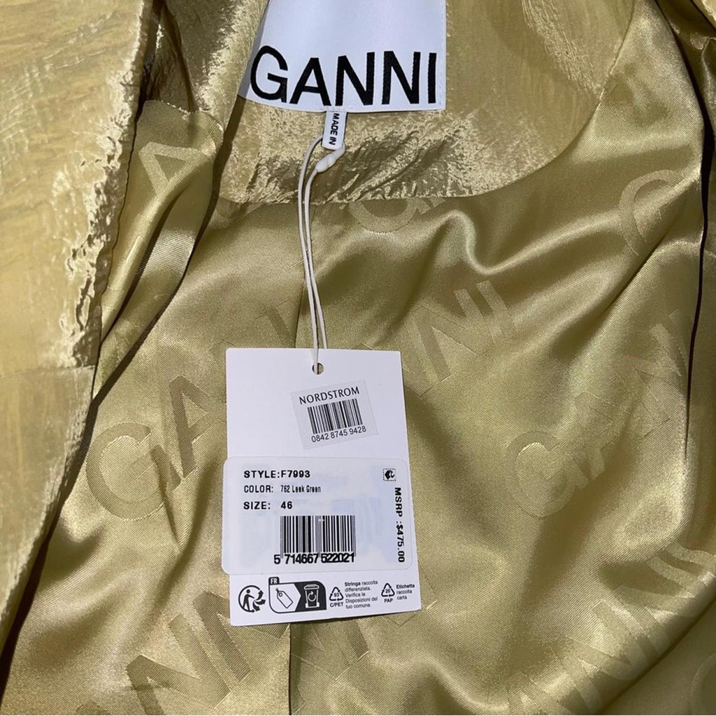Ganni Bead-Embellished Crinkled Shell Shiny Blazer, Leek Green, Size 46 New wTag