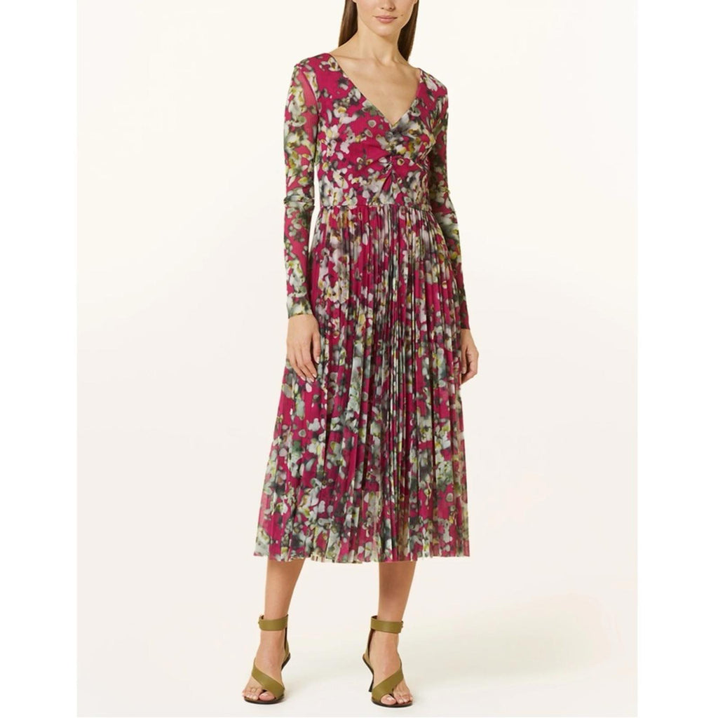 HUGO BOSS Long Sleeve Dress in Plissé Tulle with Seasonal Print Size S NEW w/Tag
