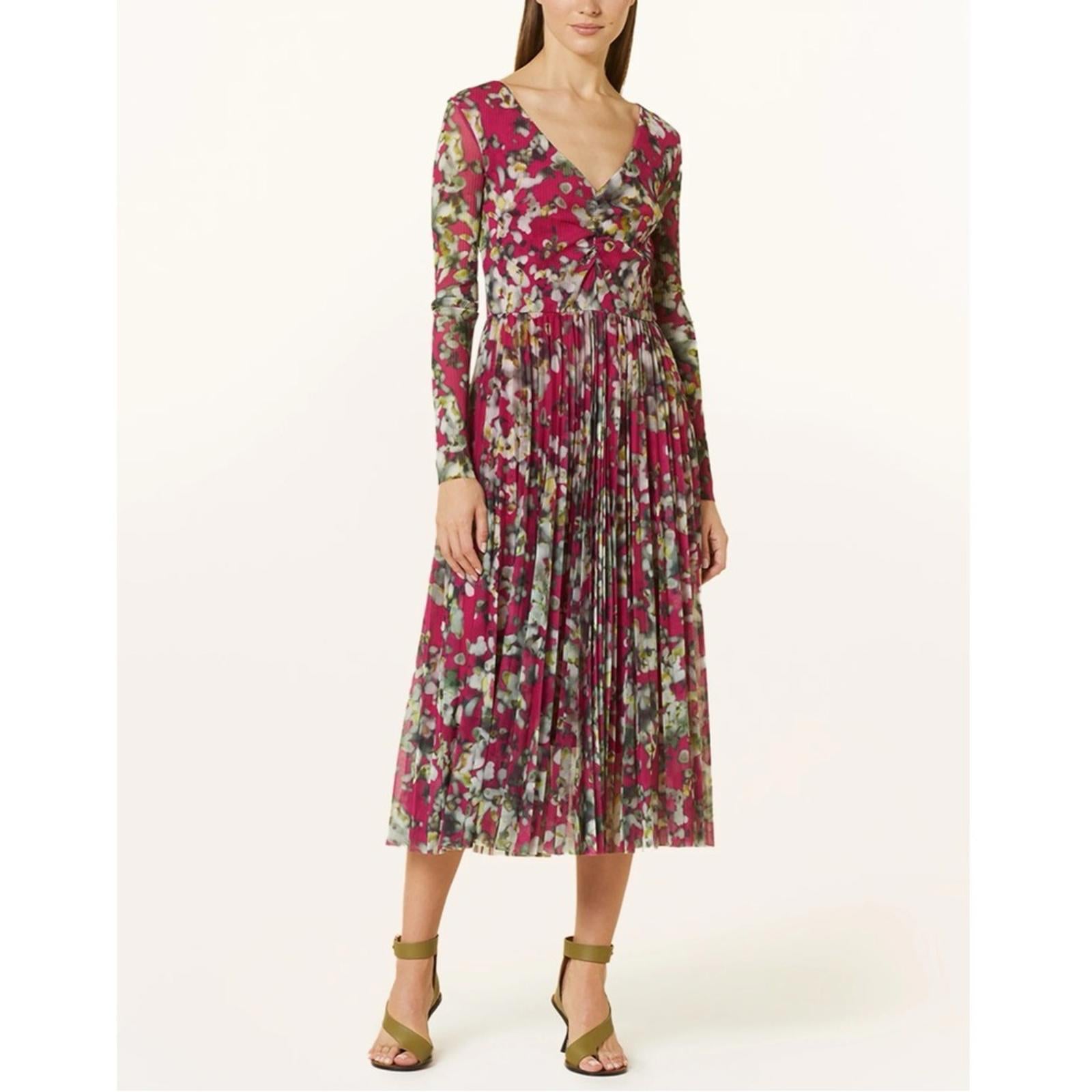 HUGO BOSS Long Sleeve Dress in Plissé Tulle with Seasonal Print Size S NEW w/Tag