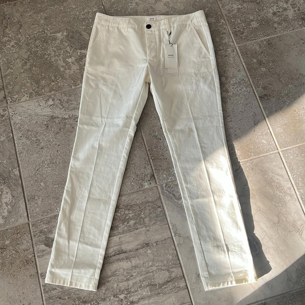 AMI Alexandre Mattiussi Straight-Fit Trousers Pants in Off-White, Size L, NEW