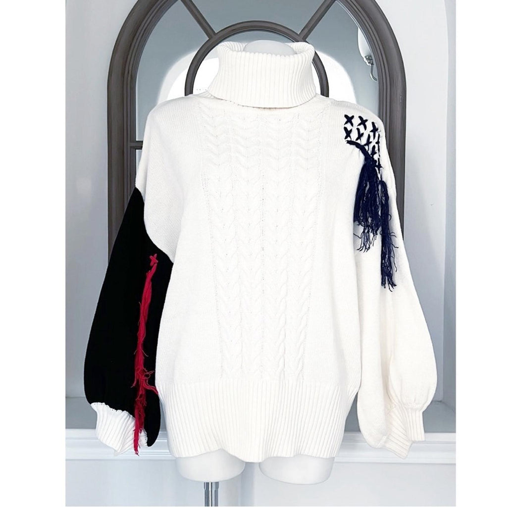 Cable Knit Turtleneck Sweater with Puff Sleeves in White Multi, Size M NWT