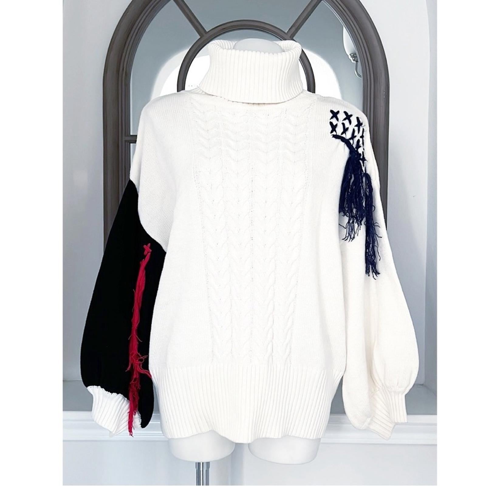 Cable Knit Turtleneck Sweater with Puff Sleeves in White Multi, Size M NWT
