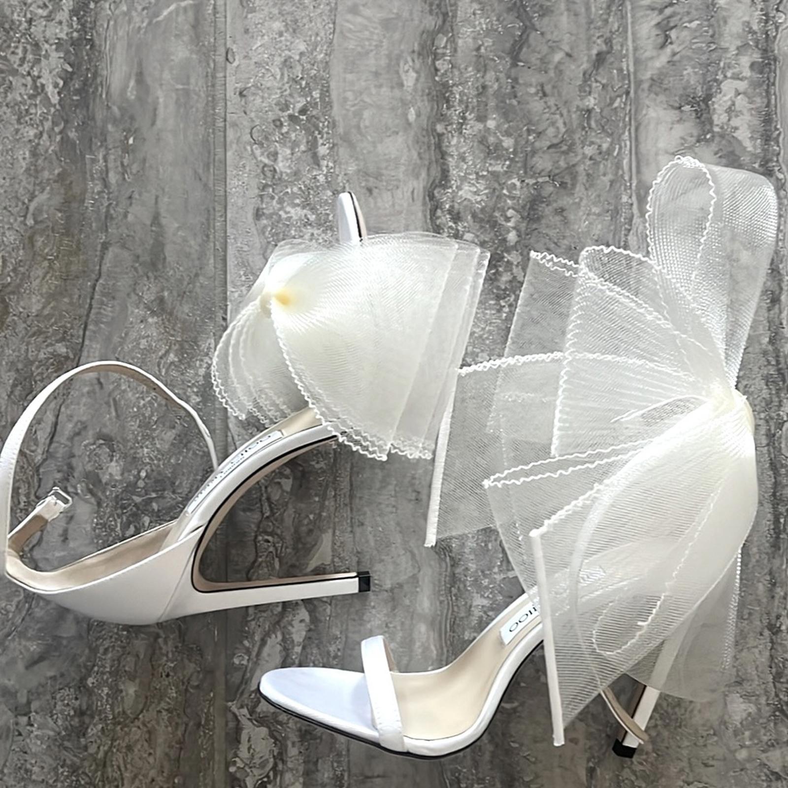 Jimmy Choo Aveline 100 Sandals w/Asymmetric Grosgrain Mesh Fascinator Bows NEW