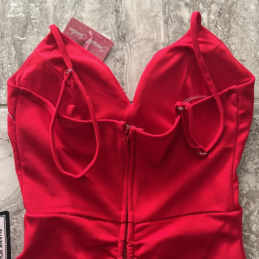Emerald Sundae Ruched Side-Slit Slim Gown in Red, Size XS NEW w/Tag