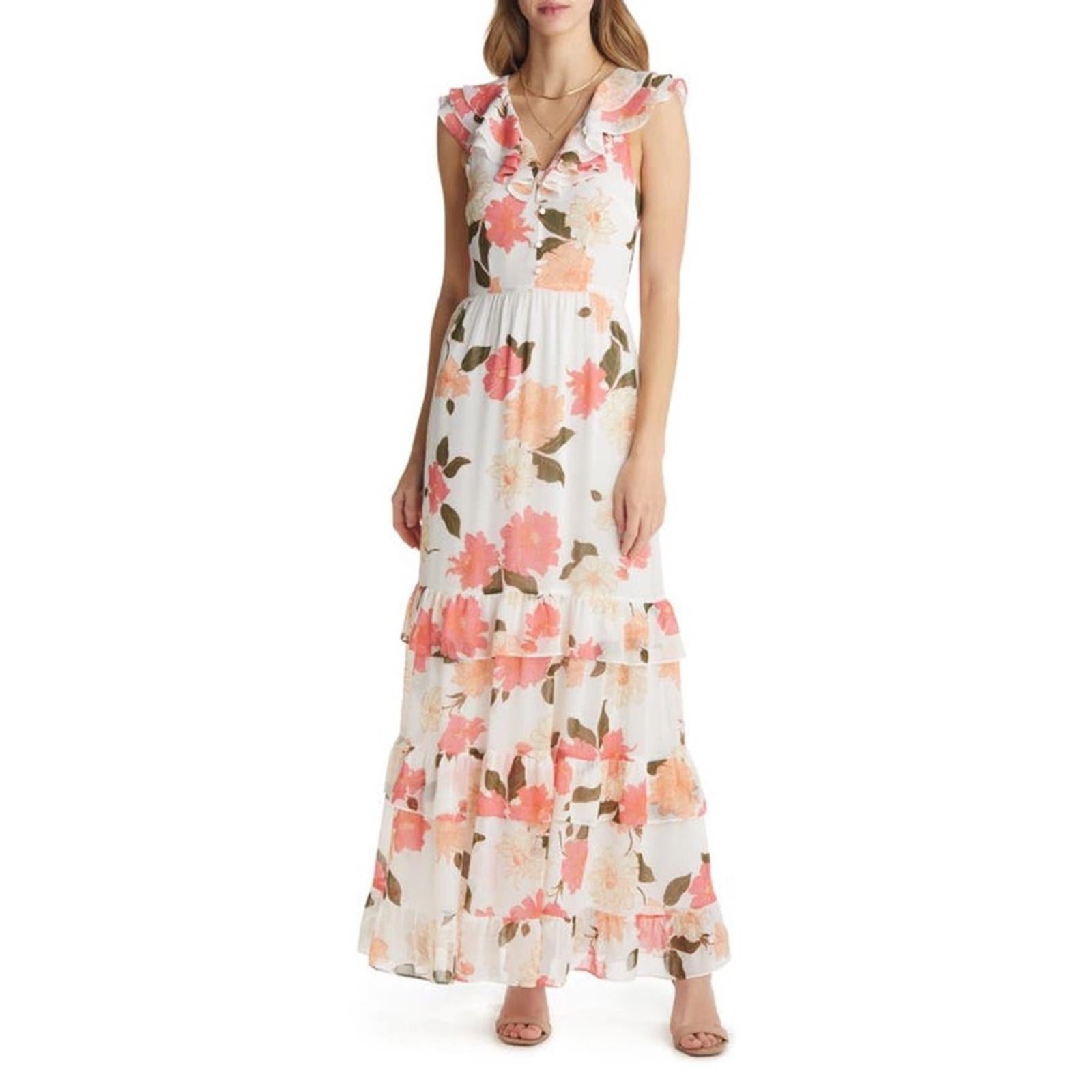 VICI Floral Print Tiered Chiffon Maxi Dress, Cream Peach, Size XS New w/Tag