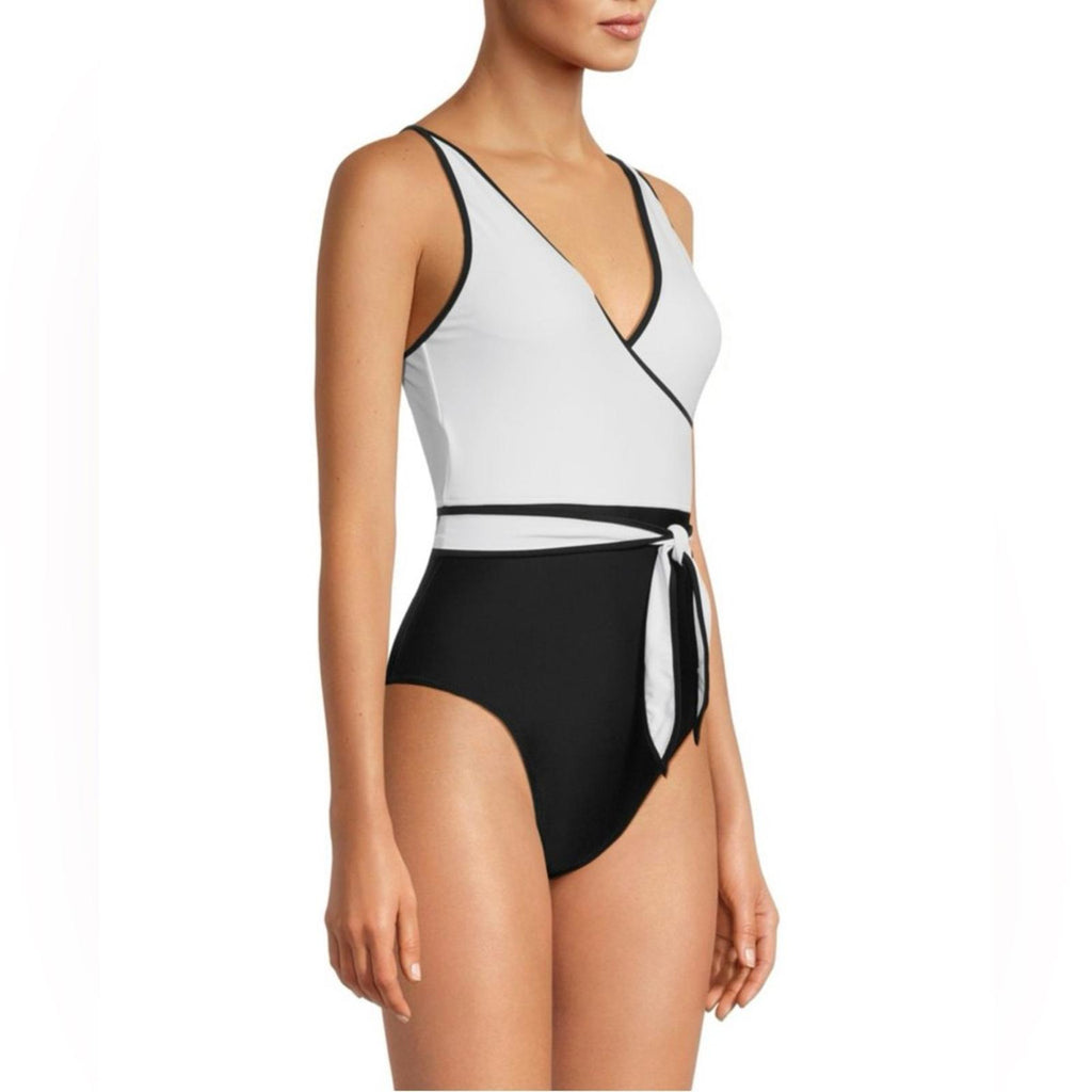 Tommy Hilfiger Colorblock Tie Front One Piece Swimsuit Black/White Size 14 NWT