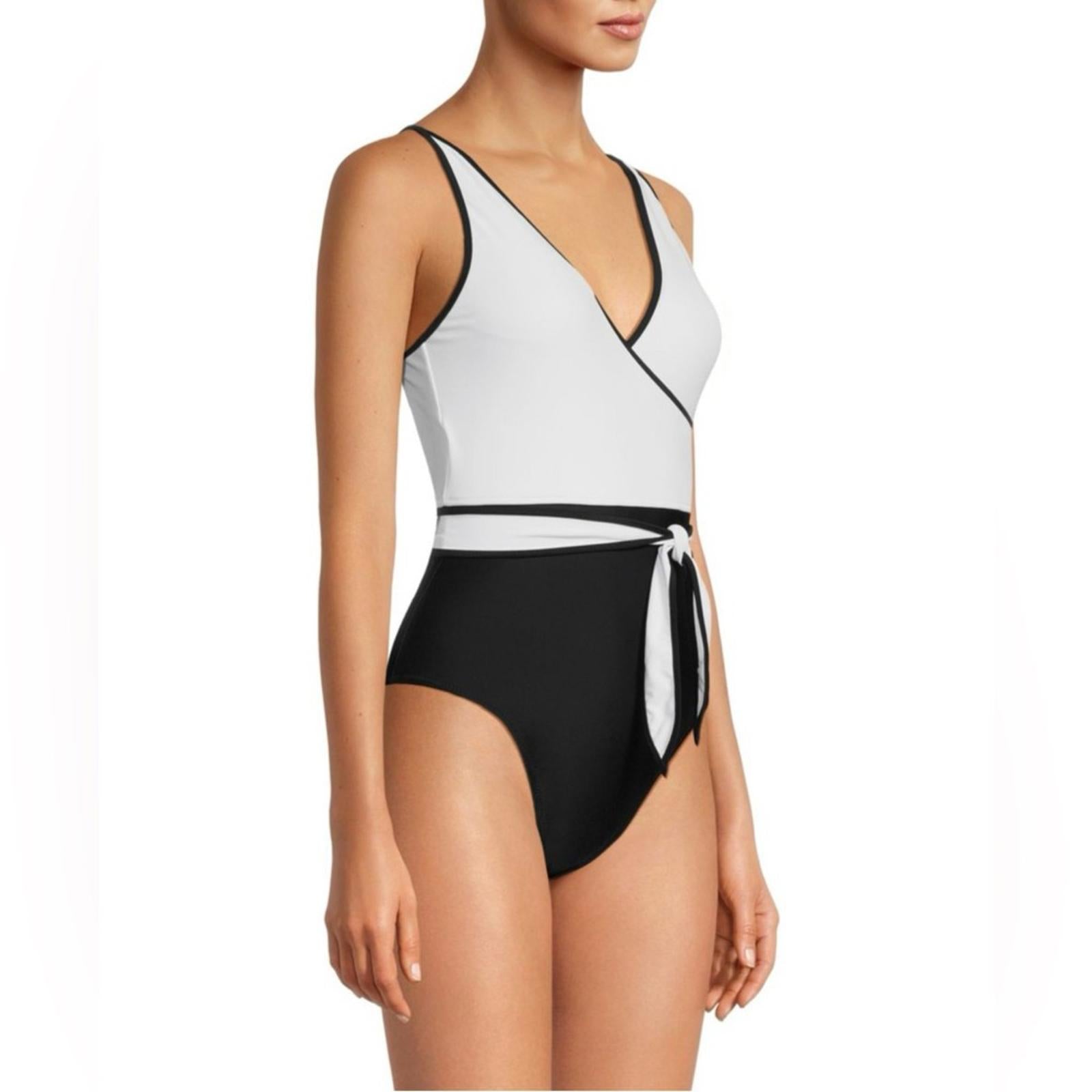 Tommy Hilfiger Colorblock Tie Front One Piece Swimsuit Black/White Size 14 NWT