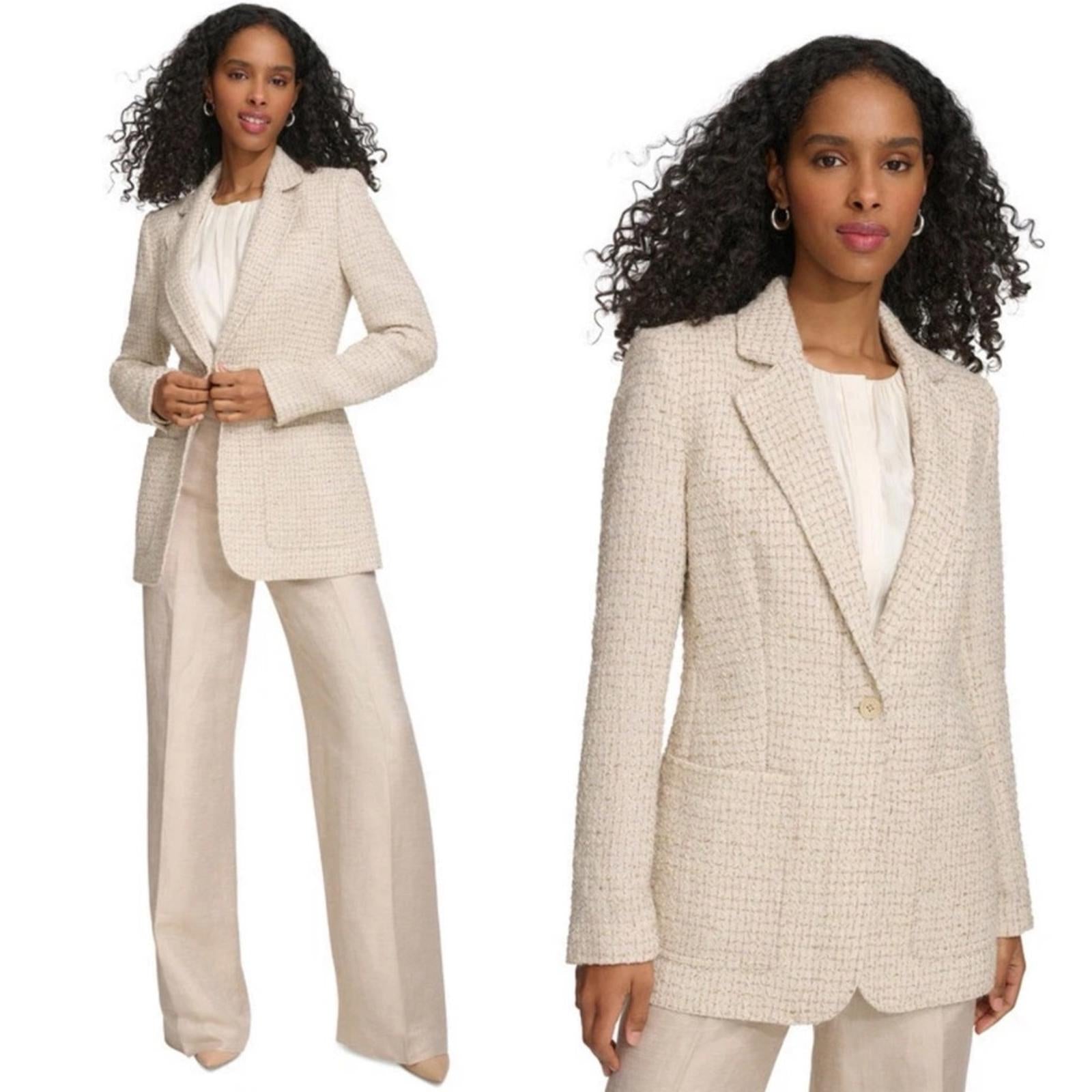 Calvin Klein Tweed Single-Button Blazer in Nomad Multi, Size 26 NEW w/Tag $169