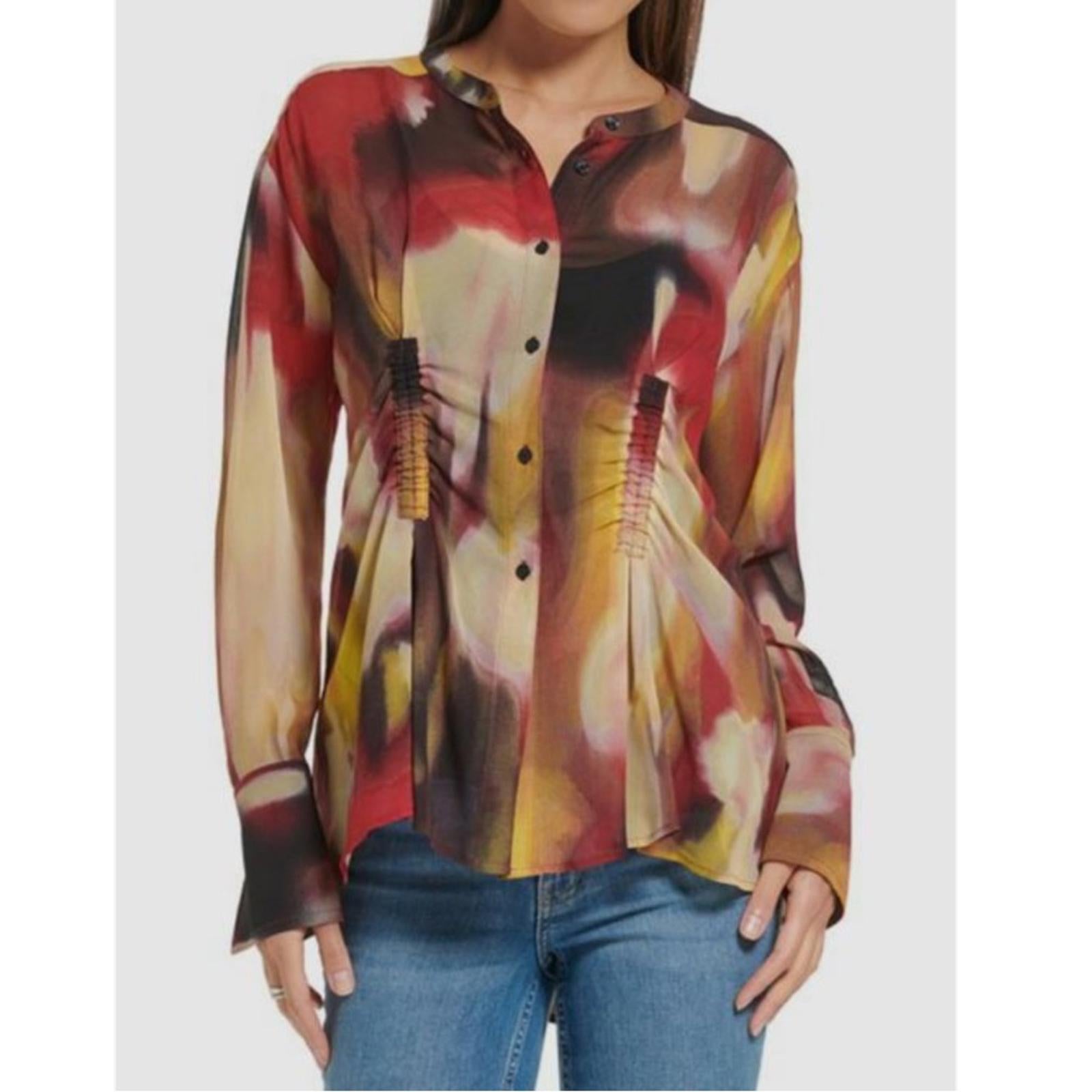 Calvin Klein Beige Ruched Waist Printed Tunic Button-Up Top, NWT, Size S
