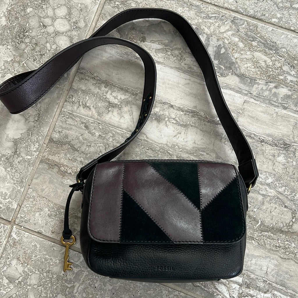 Fossil Aria Cow Hide Leather Shoulder Bag, Patchwork Black & Brown, Retail $178