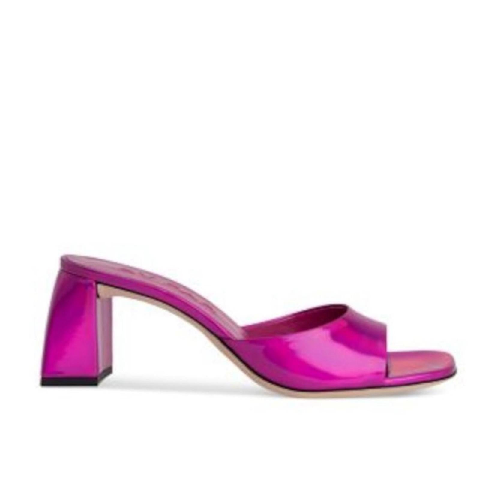 BY FAR Romy Lac Square Toe Block Heel Sandals Iridescent Fuchsia Size 37 NWT