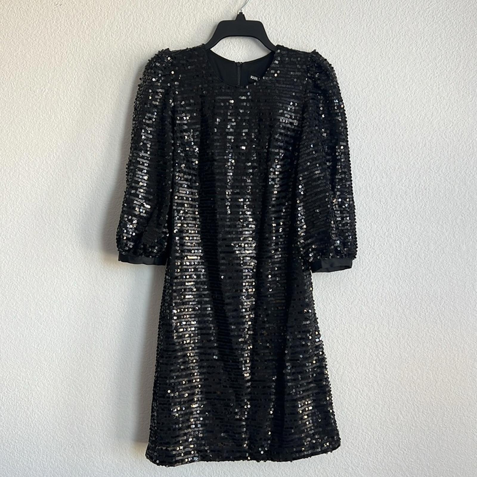 Karl Lagerfeld Sequin Puff Sleeve Shift Dress in Black, Size 0 New w/Tag