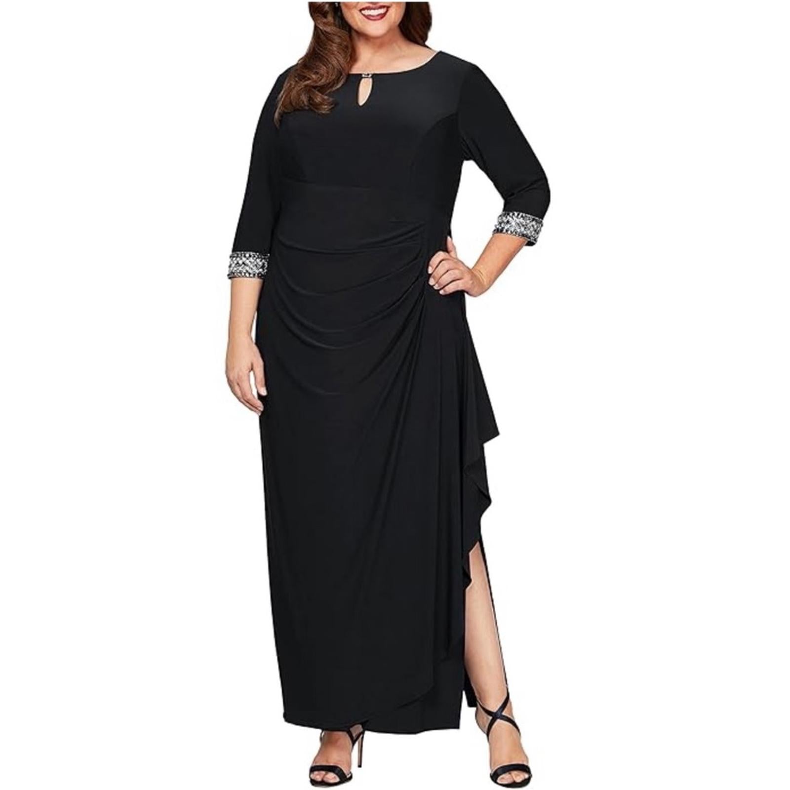 NWT Alex Evenings A-Line Dress w/Side Ruched Cascade Skirt, Black Size 18W $239