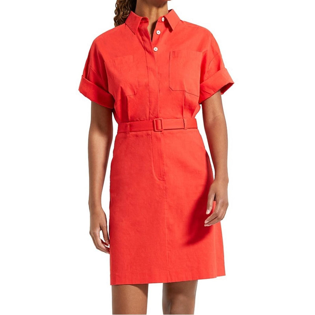 Theory Linen-Blend Eco Crunch Belted Casual Shirt Dress Poppy Red, NWT, Size 4