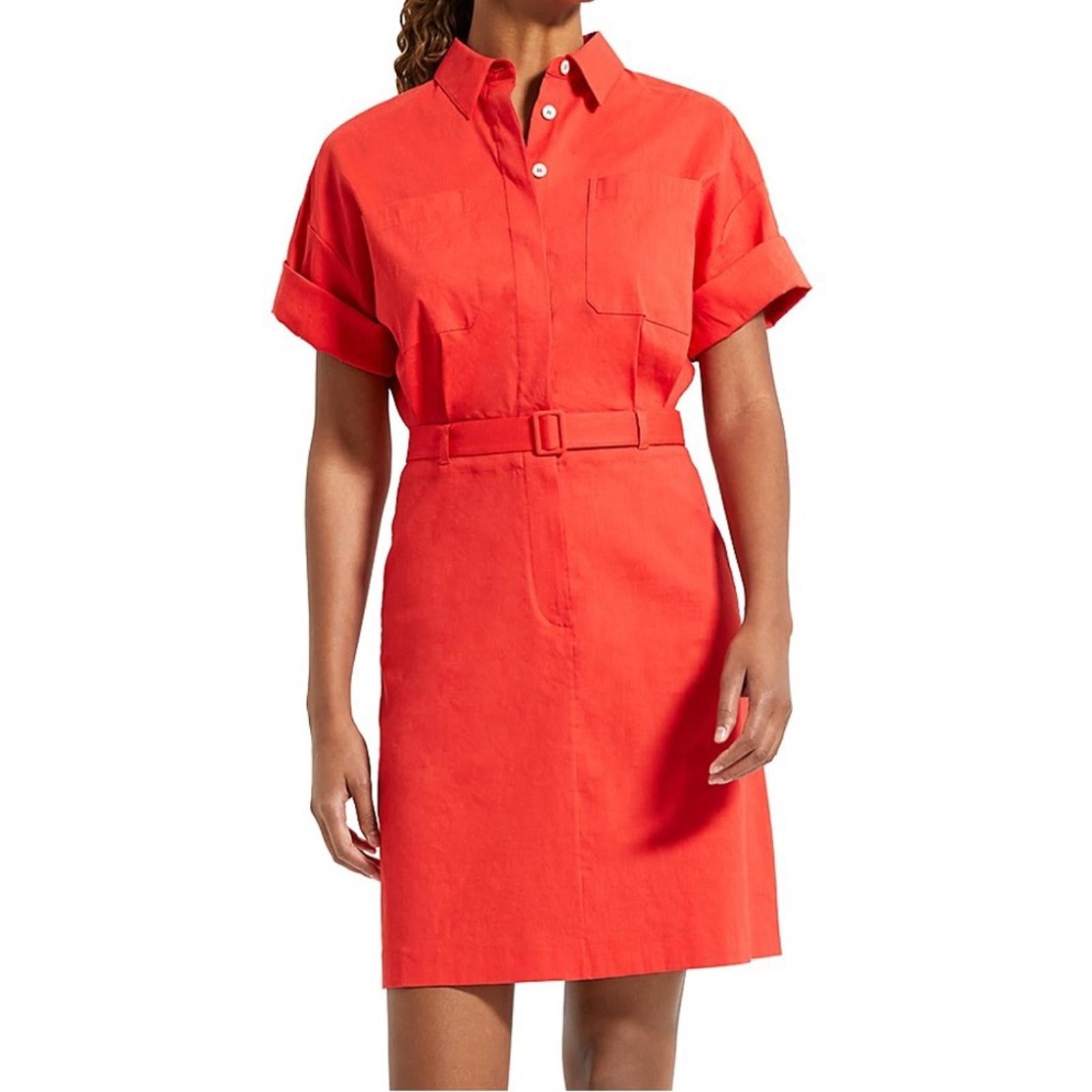 Theory Linen-Blend Eco Crunch Belted Casual Shirt Dress Poppy Red, NWT, Size 4
