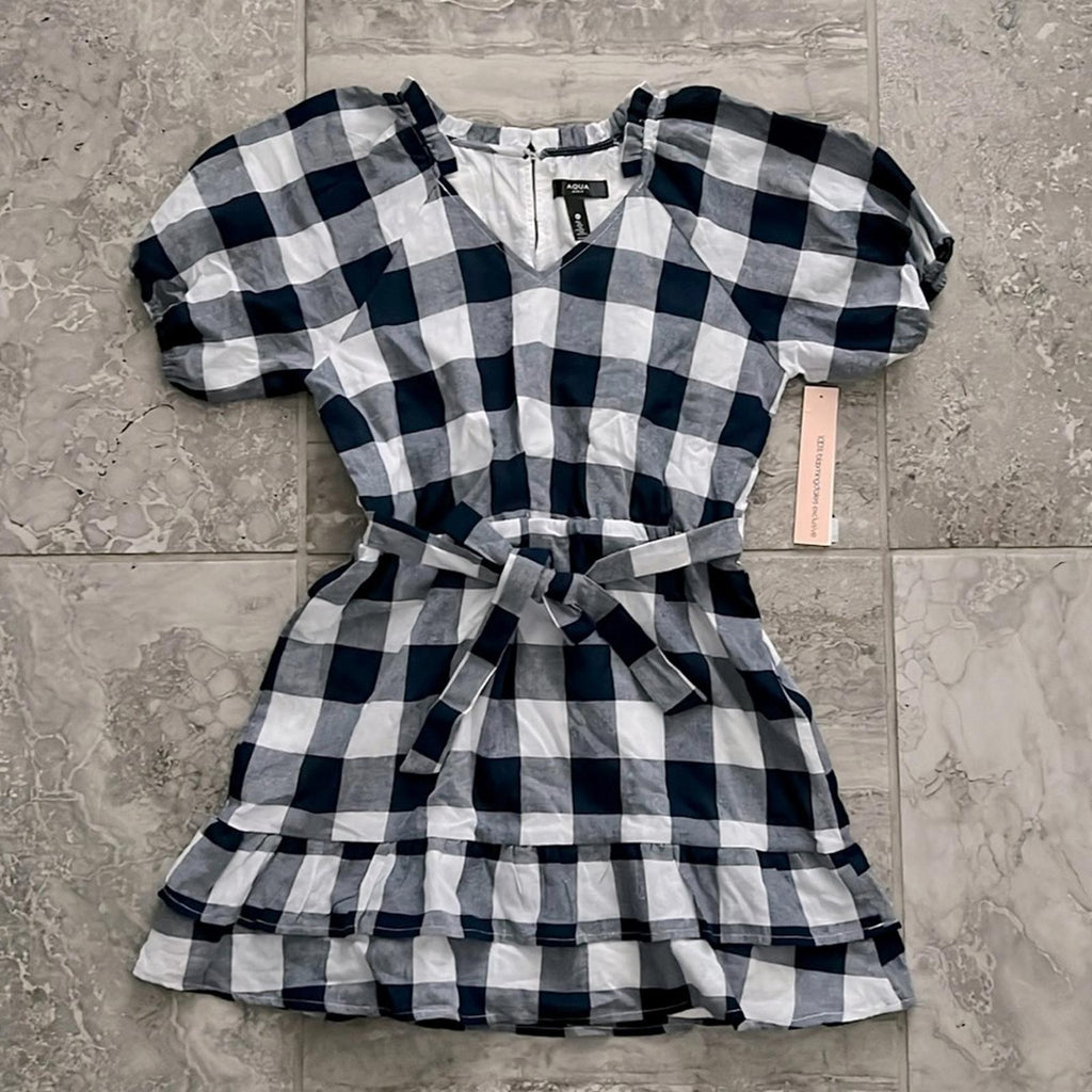 AQUA Girls' Puff Sleeve Exploded Gingham Check Dress, Little Kid Size 16 NWT