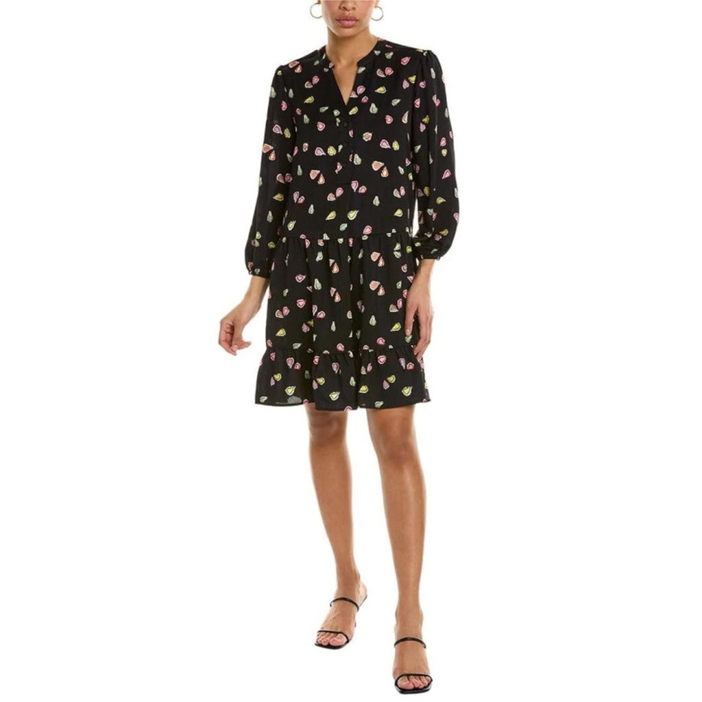Nic+Zoe Tiered Long-Sleeve Dress w/Mandarin Collar, Black Multi, Size L NWT $188
