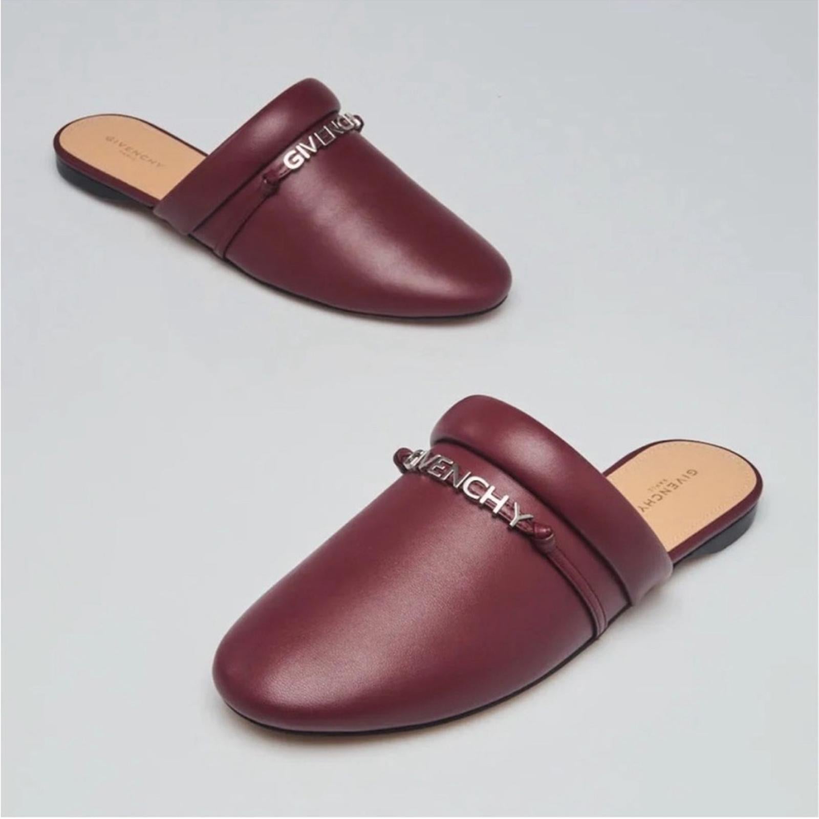 Givenchy Elba Slippers, 100% Lamb Leather Mules in Burgundy, Size 36 New in Box