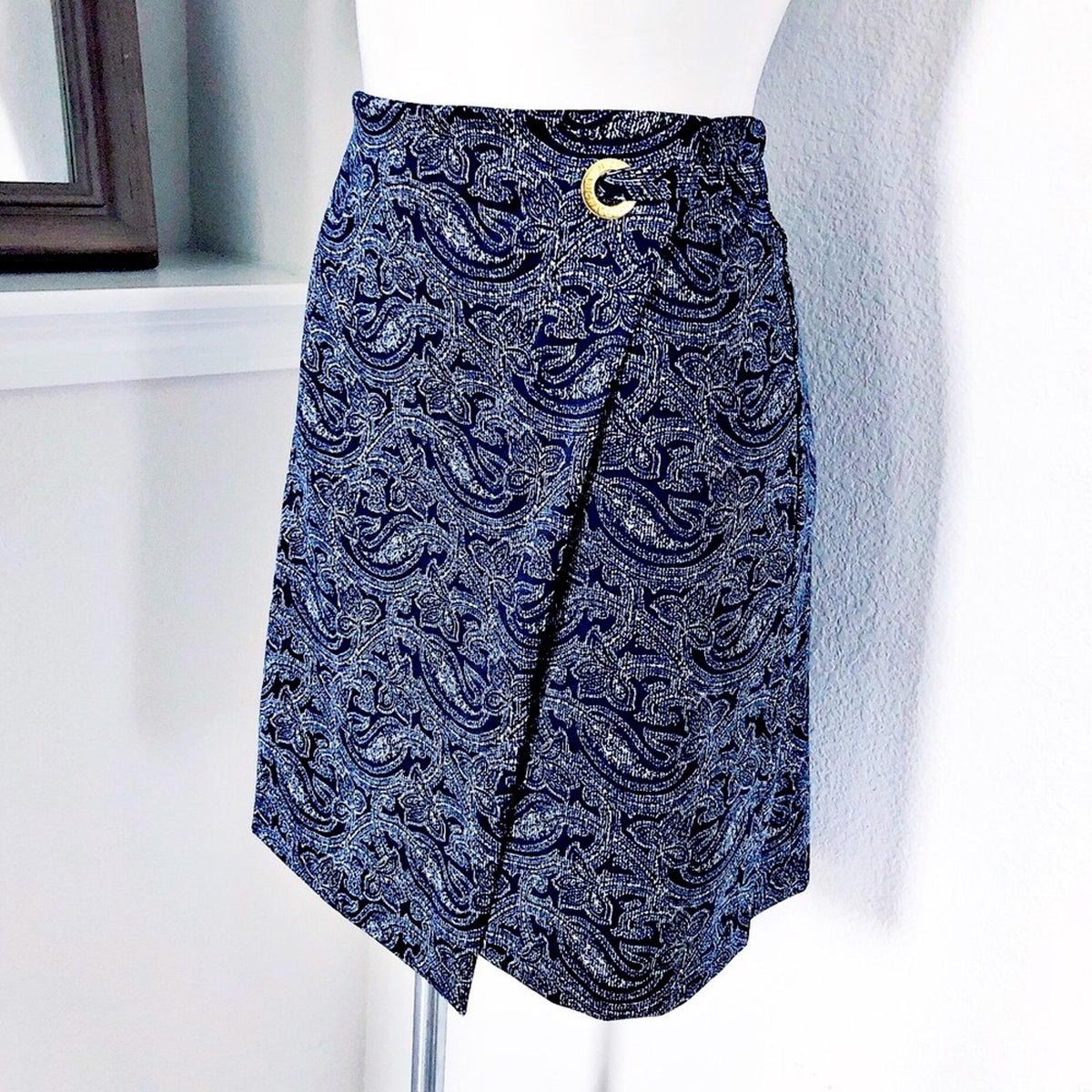 Michael Kors Faux Wrap Paisley Mini Skirt in True Navy, Size XL New with Tag
