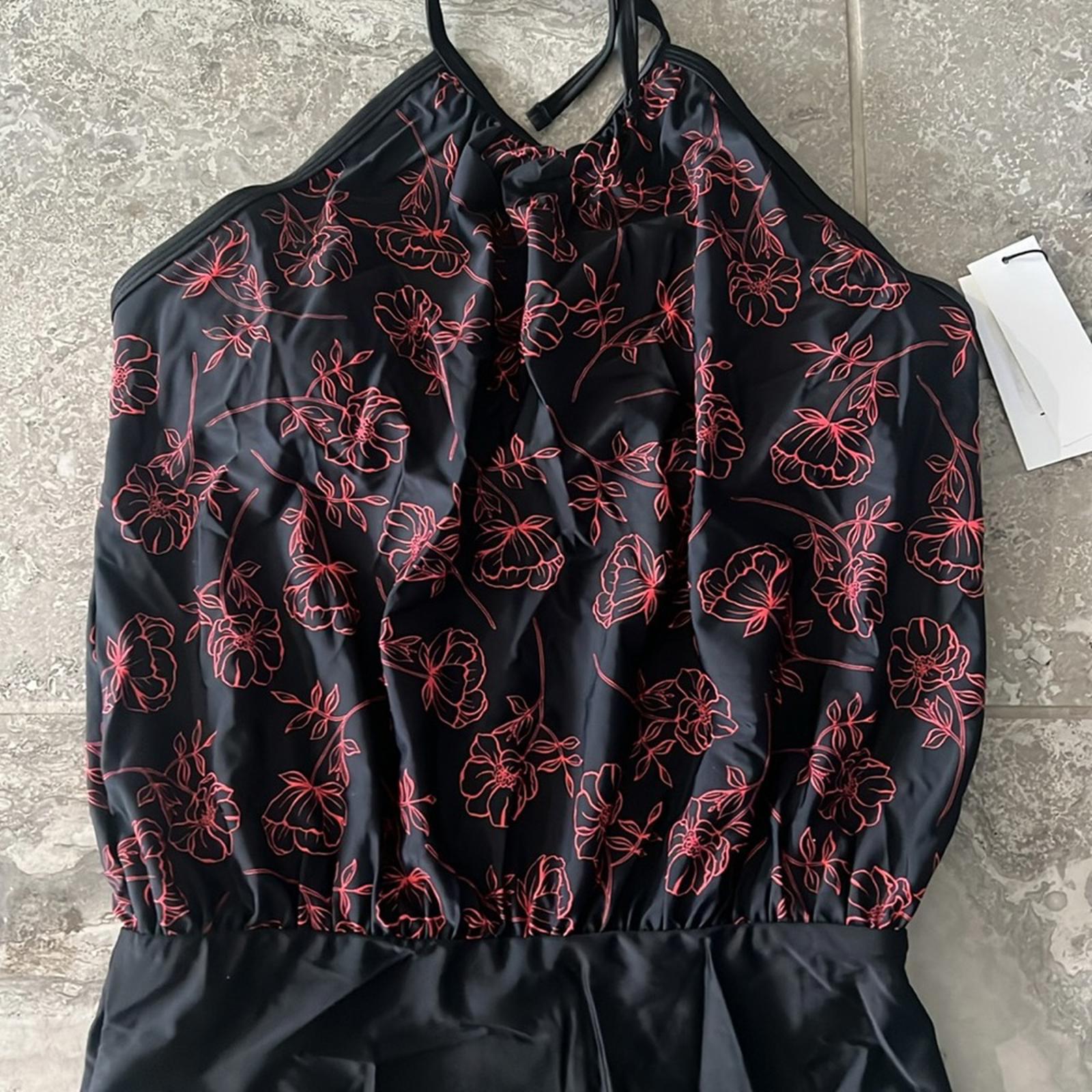 Calvin Klein High Neck Halter Blouson in Black/Red, Size 8 NEW w/Tag $118