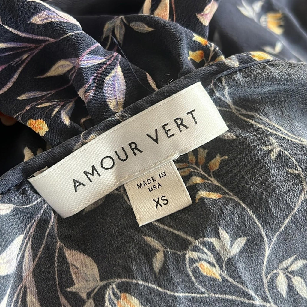 AMOUR VERT 100% Silk Floral Cold Shoulder Blouse, Blue Multi Size XS