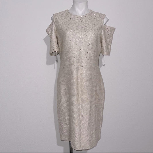 St.John Studded Cold-Shoulder Tweed Sheath Dress in Gold Multi Size 12 NWT $1795