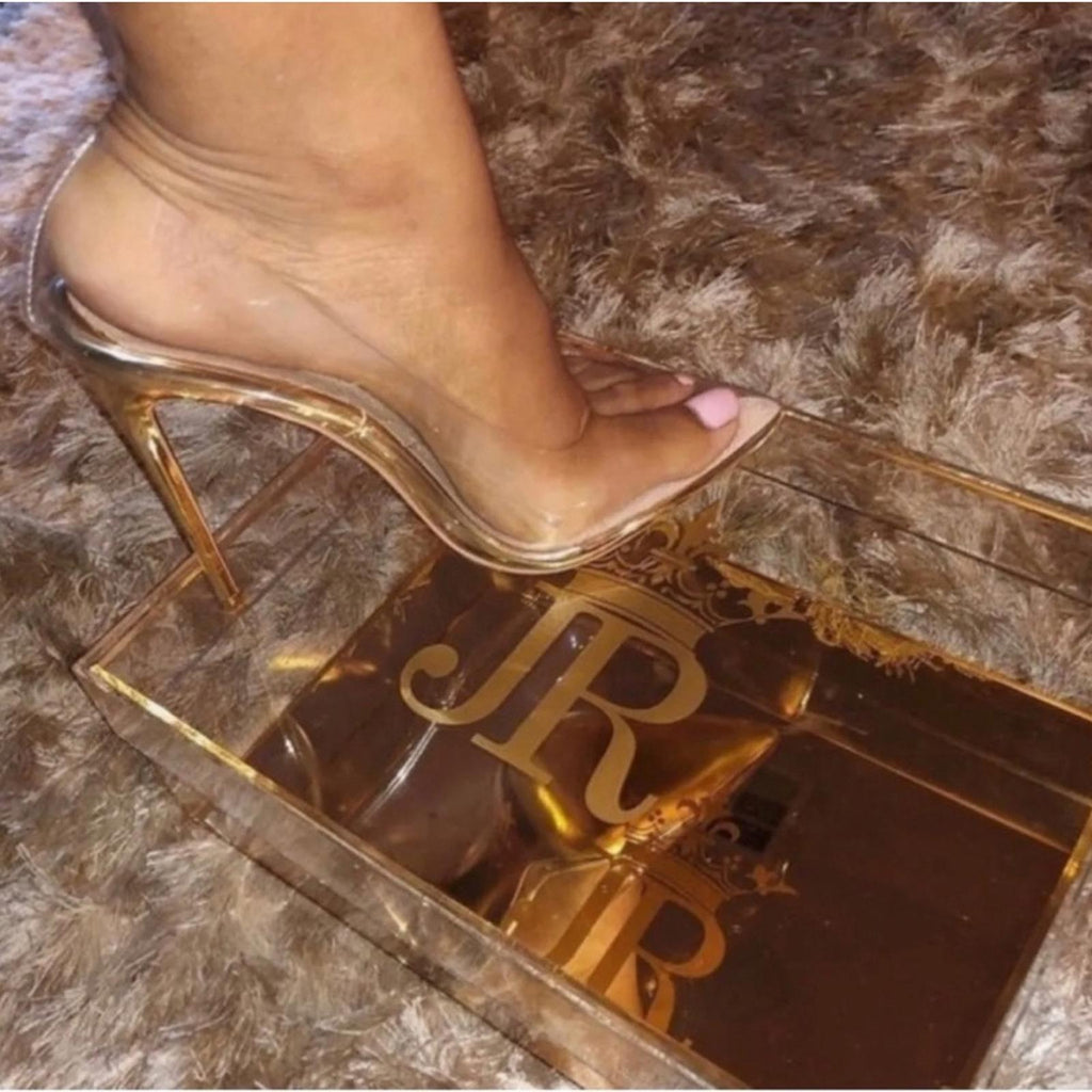 Jessica Rich Fancy Stiletto Clear Vinyl Pumps, Gold Size 39 New in Box + DustBag