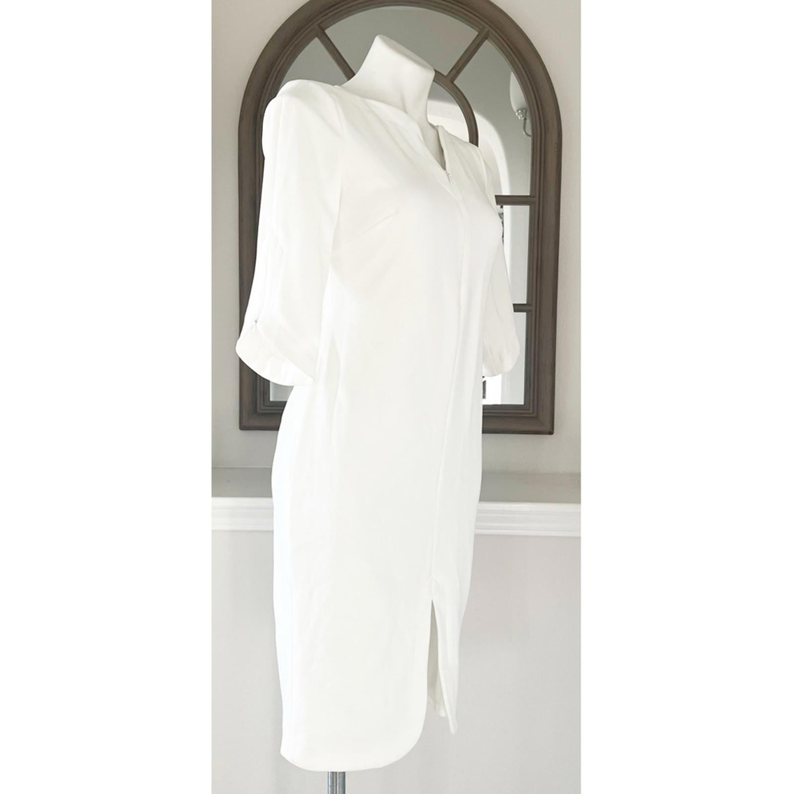 Calvin Klein WHITE Zippered 3/4 Sleeve V-Neck Midi Sheath Dress, Size 4 NWT $134