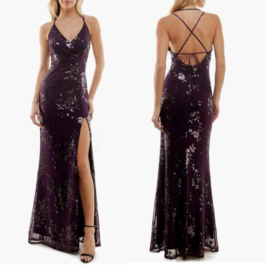 Speechless Embroidered Sequin Mesh Lace-Up Back Gown, Juniors' Size 15 NWT