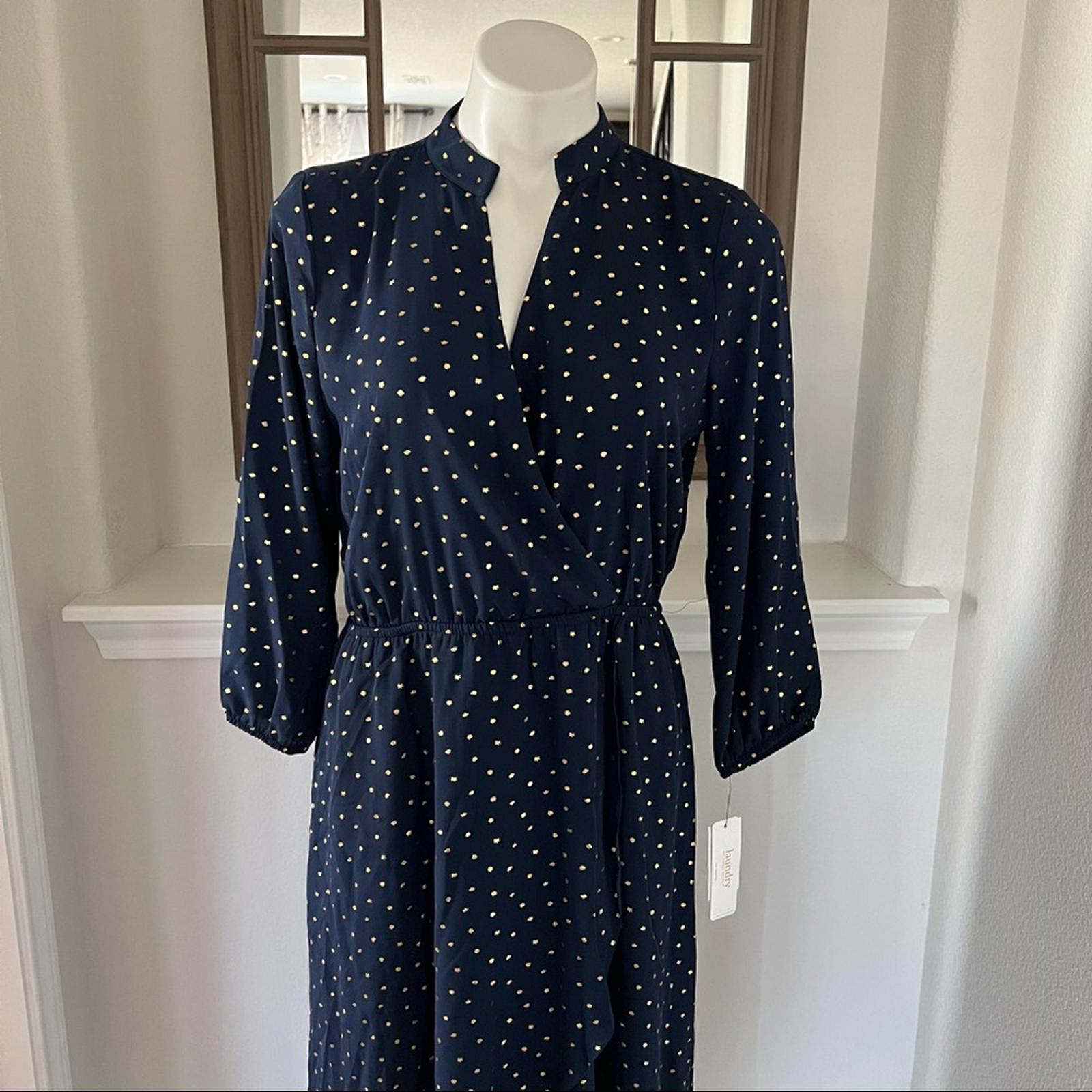 Laundry Faux Wrap Hi-Low Hem Maxi Dress in Navy/Gold Stars, NWT