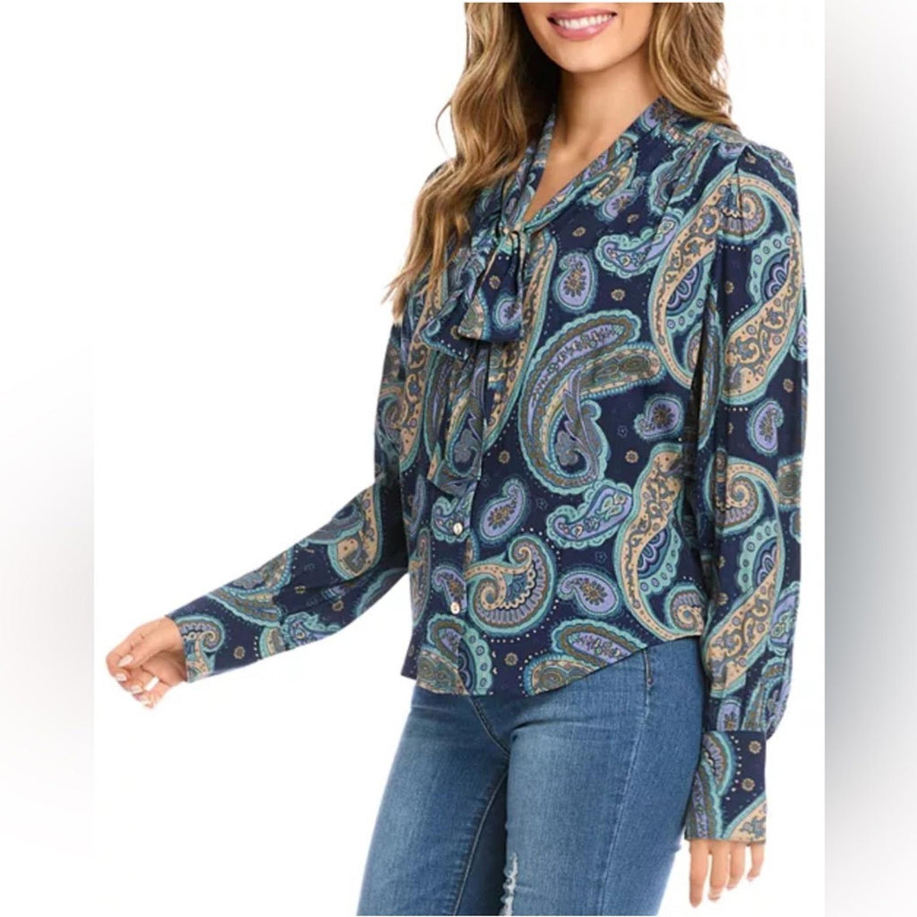 Karen Kane Long Sleeve Paisley Print Bow Neck Blouse, Size XL NEW w/Tag $168