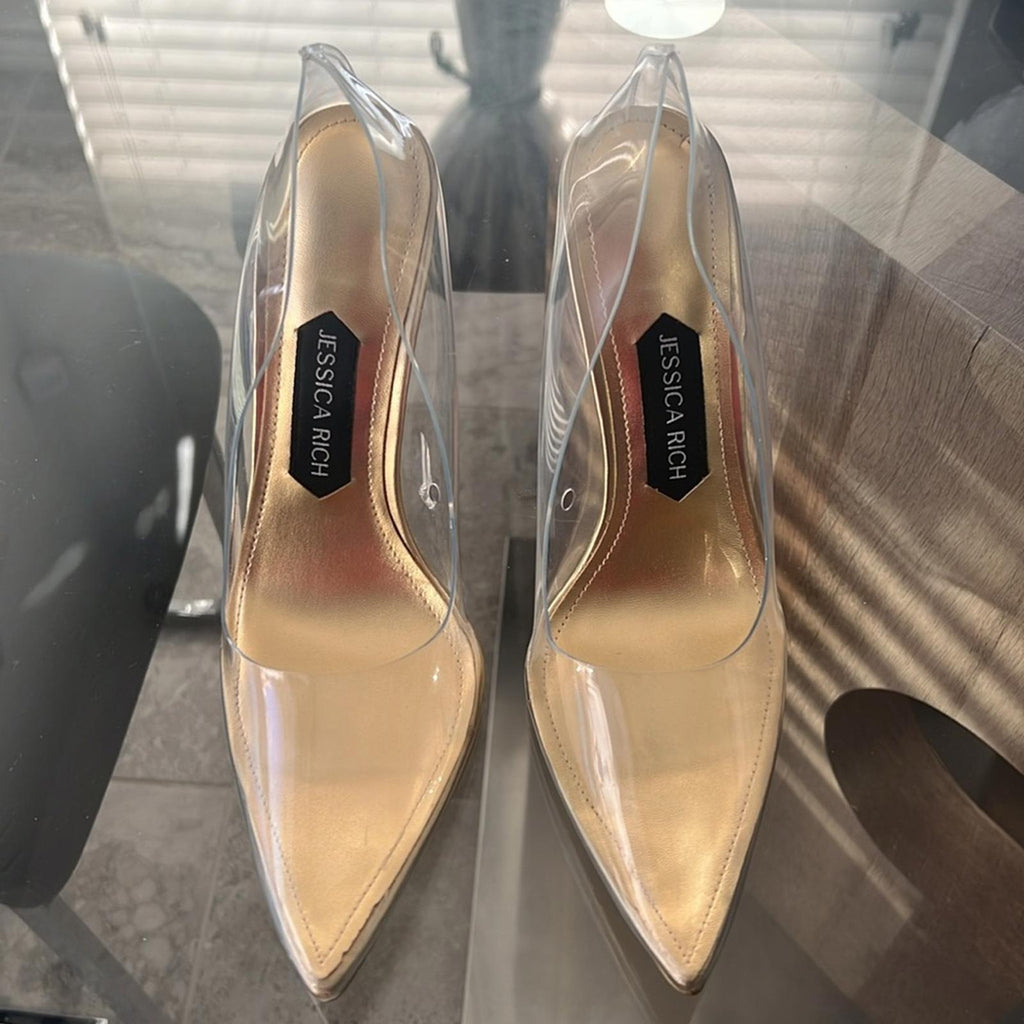 Jessica Rich Fancy Stiletto Clear Vinyl Pumps, Gold Size 39 New in Box + DustBag