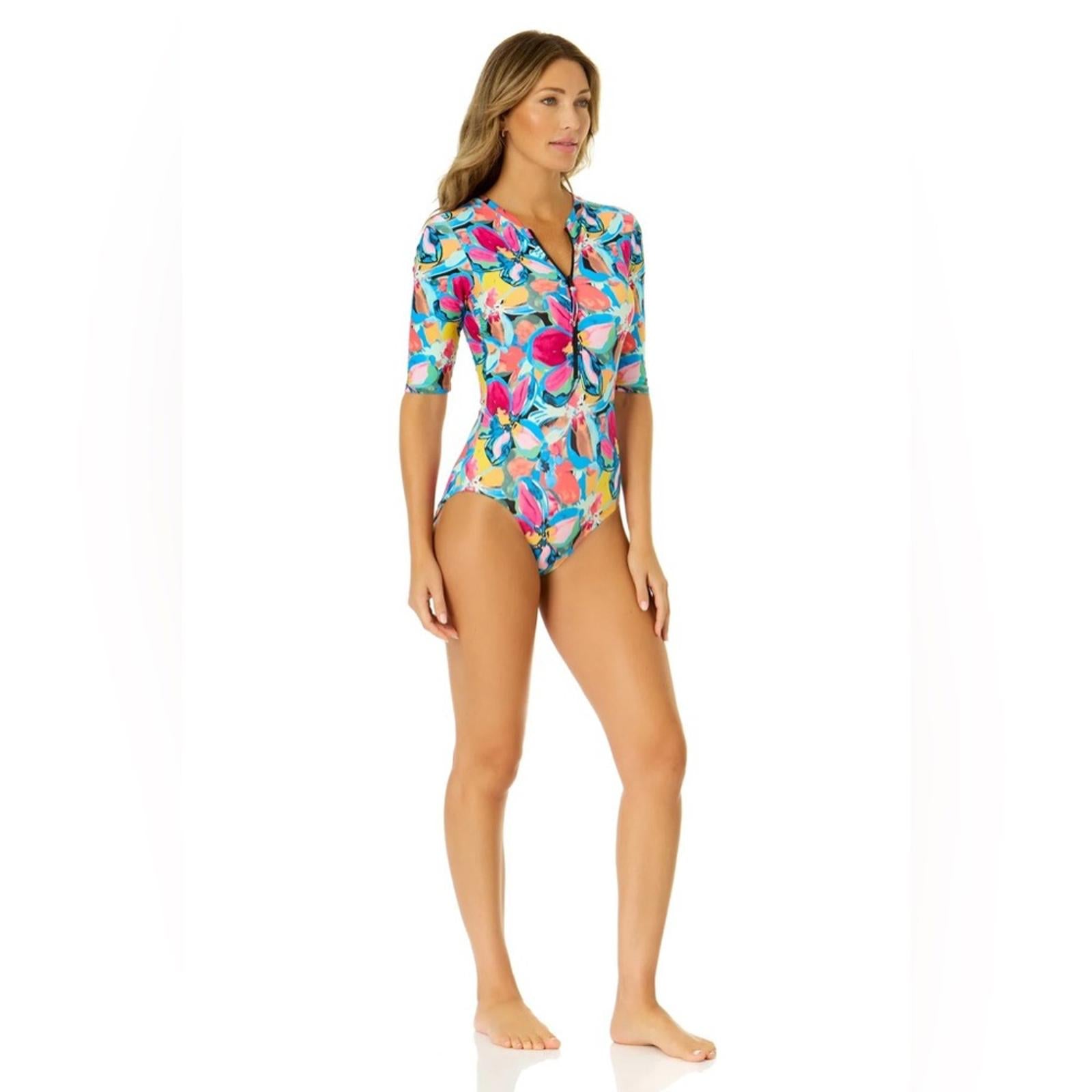 Anne Cole Amalfi Floral Half Zip Front Rash Guard One Piece Swimsuit Size 16 NWT