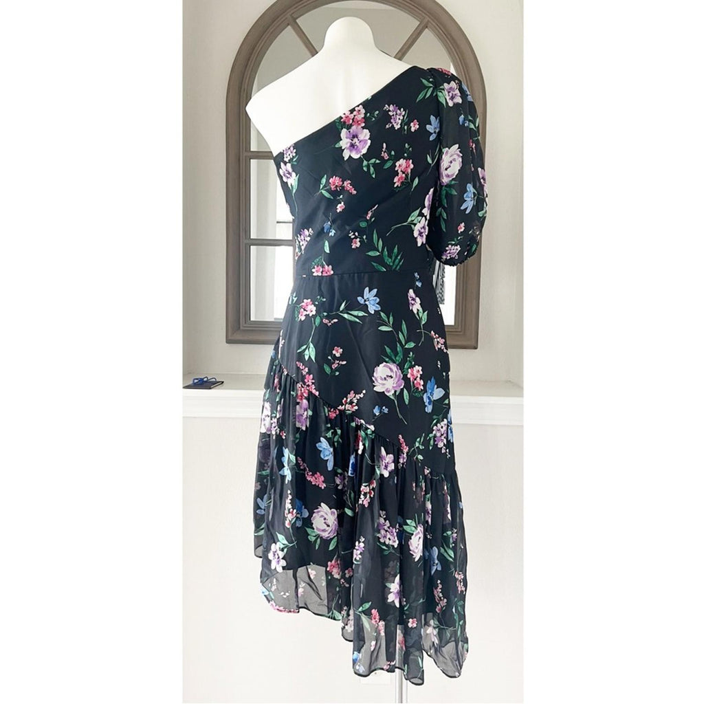 Shoshanna Midnight Gia One Shoulder Silk Floral Dress, Black Size 8 Retail $595