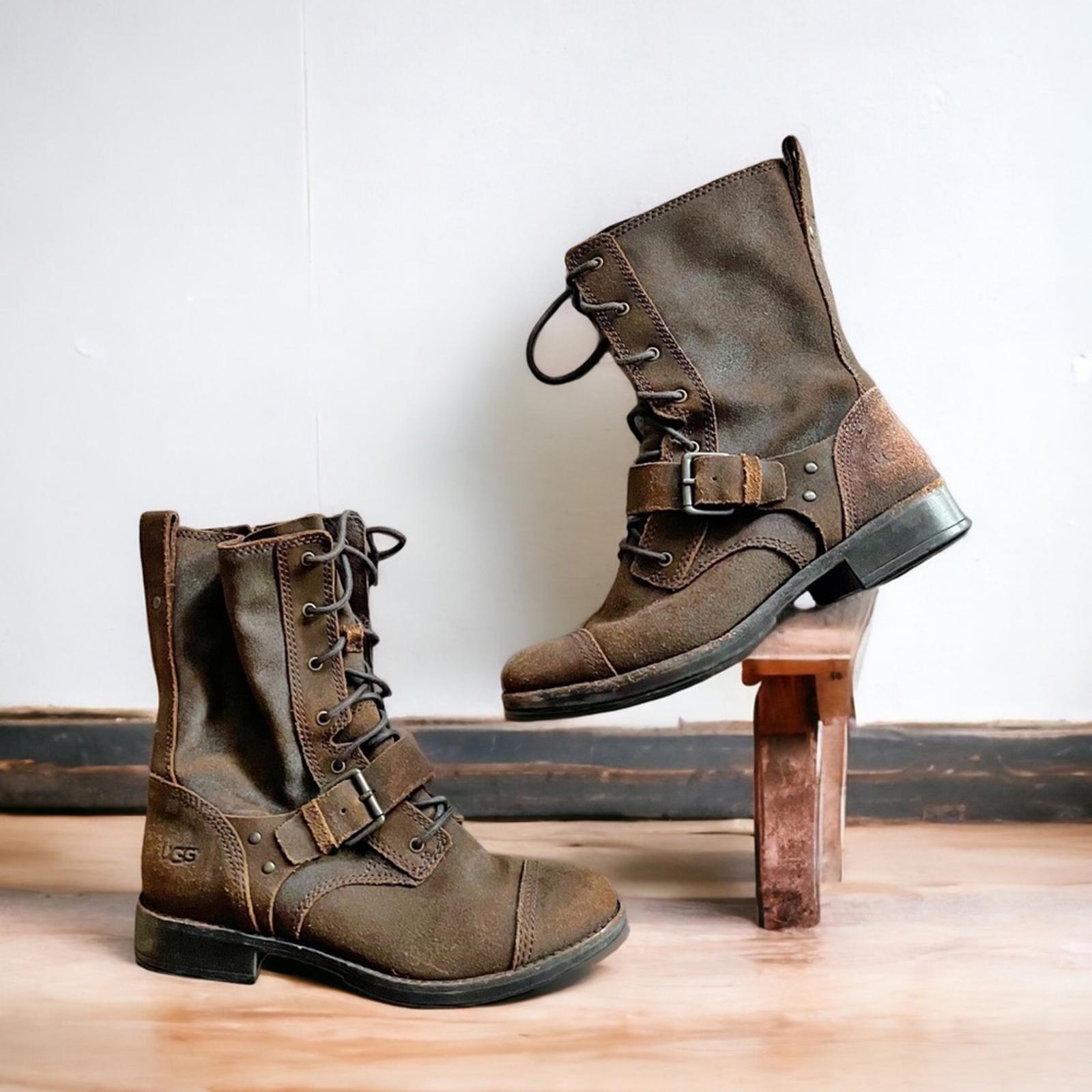 UGG Australia Marela Dark Lace-Up Leather Booties in Chestnut Brown, Size 7