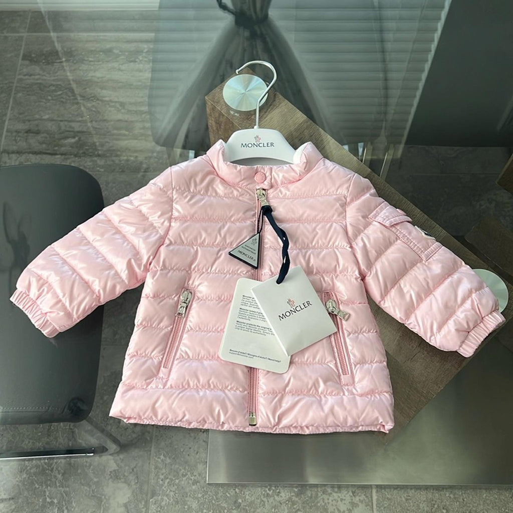 MONCLER Paulas Down Logo-Patch Sleeve Jacket, Pink Girl’s Size 6-9M New w/Tag