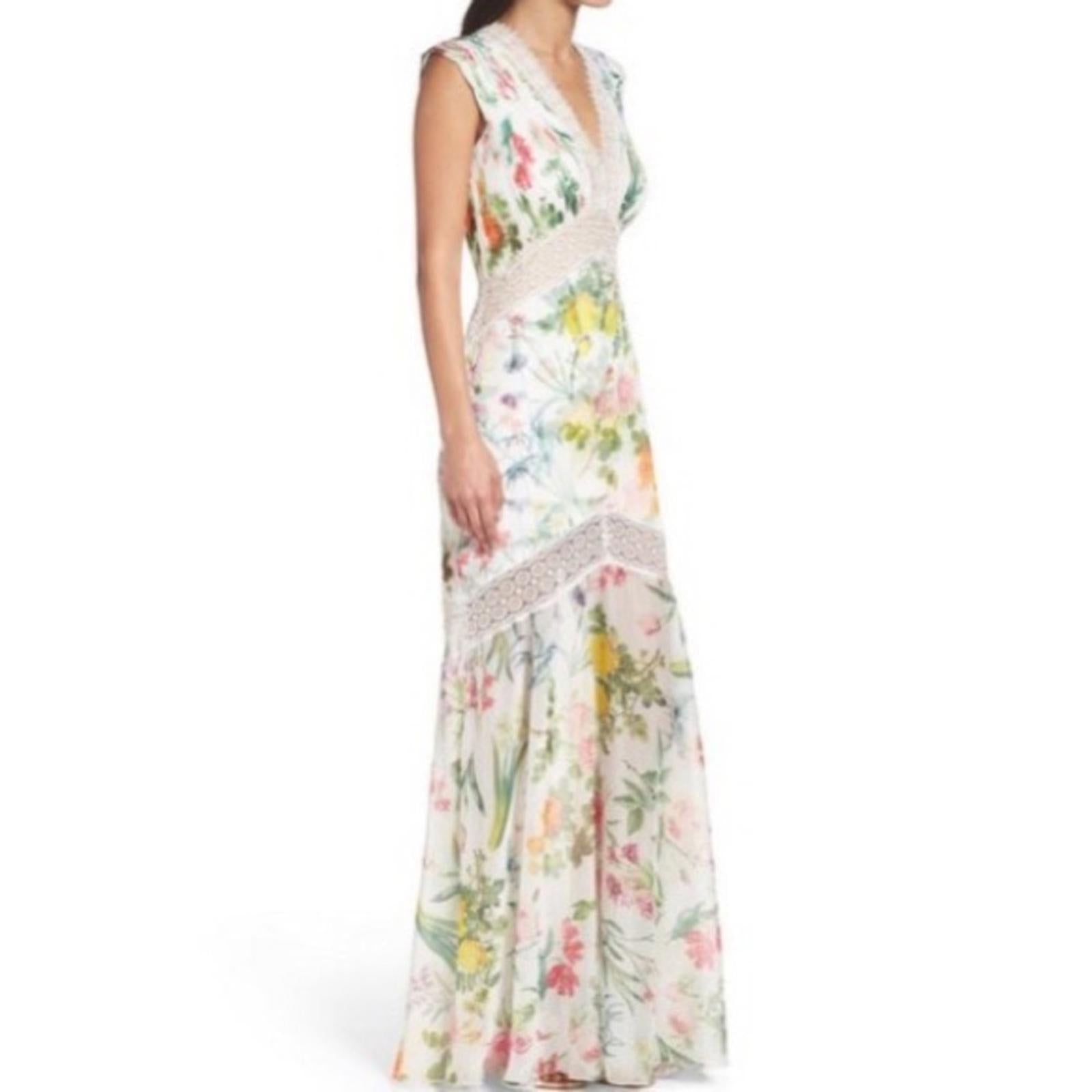 Tadashi Shoji Floral Pleat Chiffon Trumpet Gown White Floral, Size 10 NWT $588