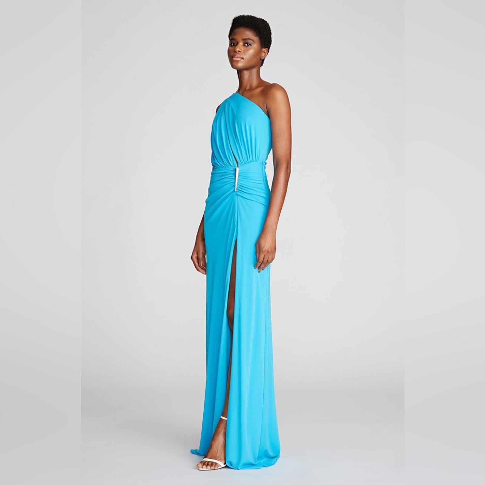 Halston Ivanna Gathered Asymmetric Cut-Out Gown, Aqua/Blue Size 4 New w/Tag