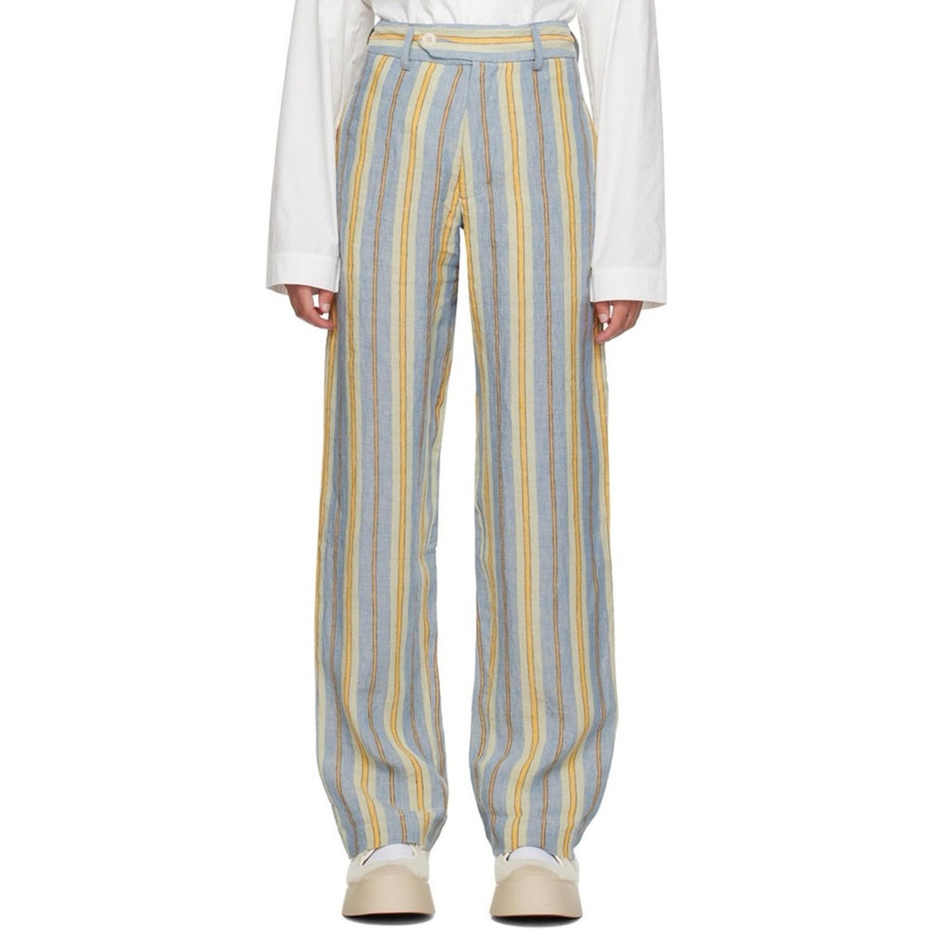 Nicholas Daley Linen Striped Trousers in Blue/Mustard, Size 34 NEW w/Tag $650
