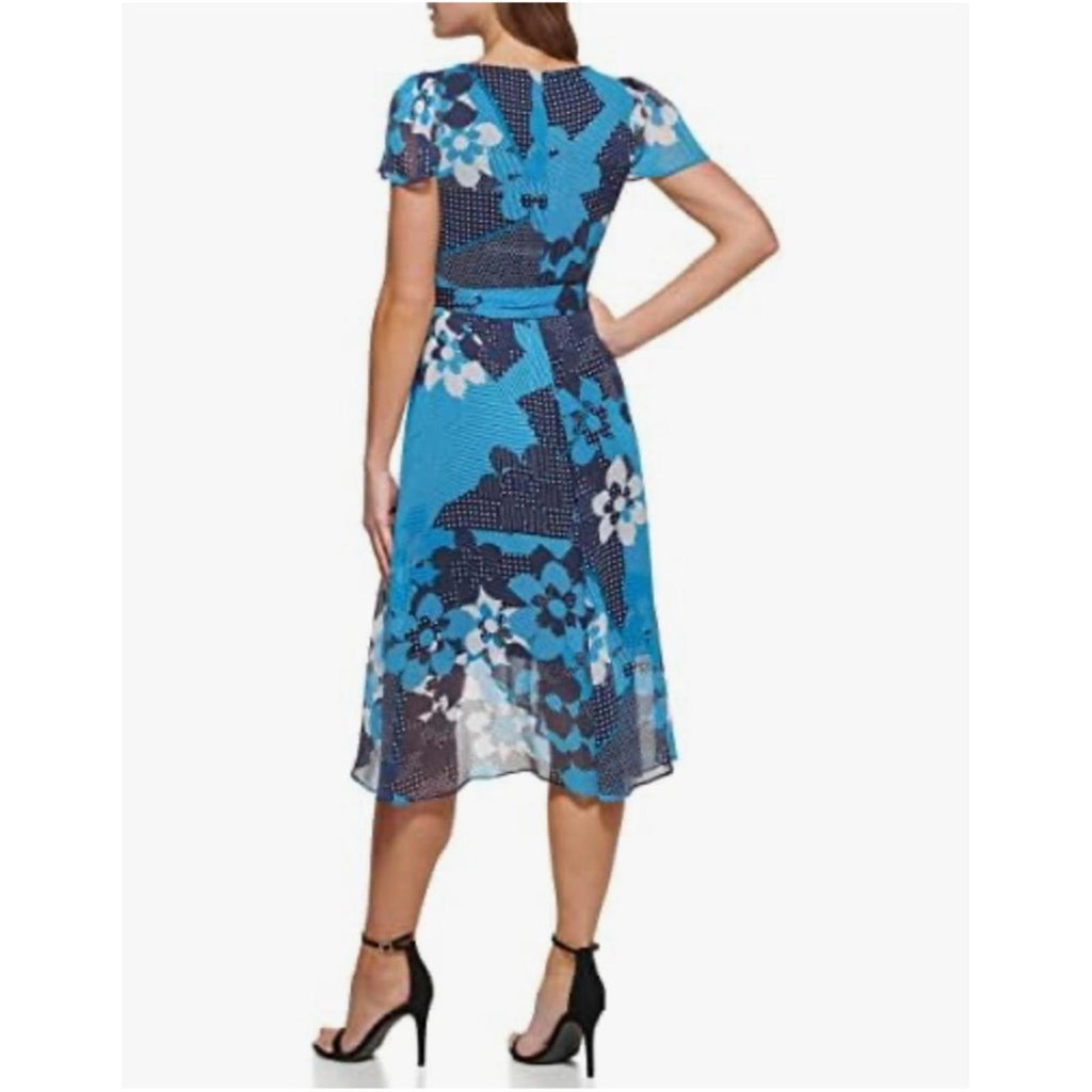 DKNY Faux Wrap Midi Dress in Blue Multi, NWT, Size 14